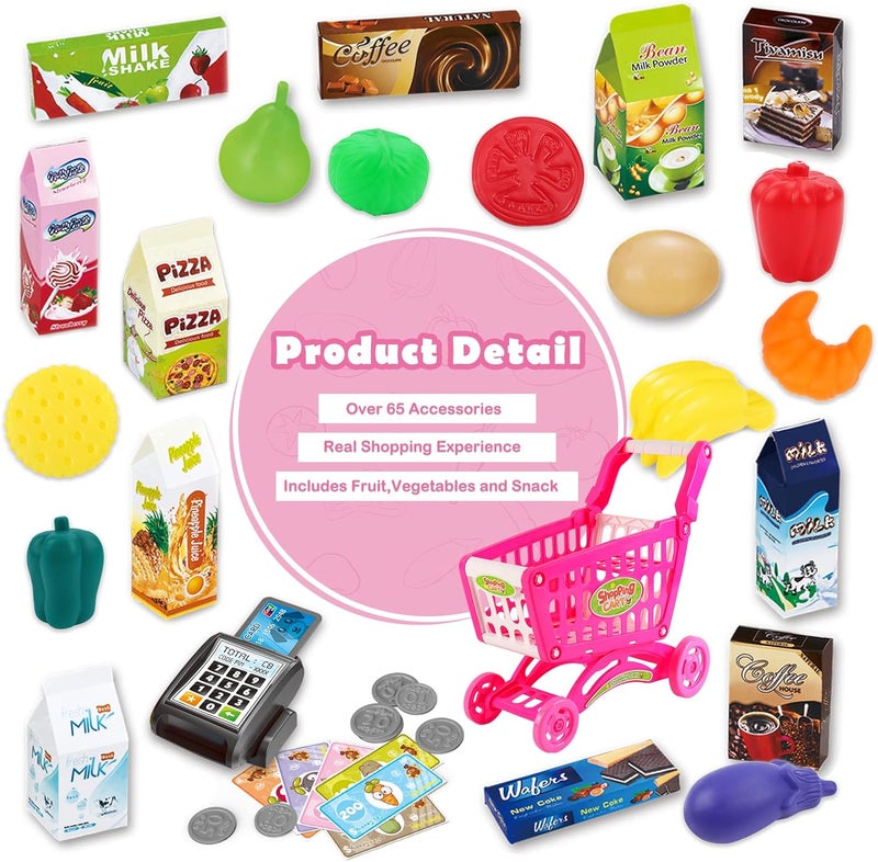 deAO Kids Shopping Cart Trolley for Groceries Toddlers 65 Food Fruit Vegetables Pretend Play Food Role Play Educational Toy Play Kitchen Toys Store Playset (Pink) - Image 4